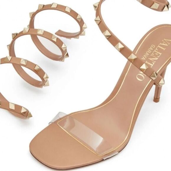Valentino Garavani Rockstud PVC and leather wrap around heels sandals Nude 38 - Picture 3 of 8
